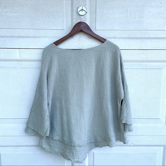Cotton Palm Womens Shirt Blouse Gauzy Tiered Sage Green Cotton Medium - Picture 3 of 7
